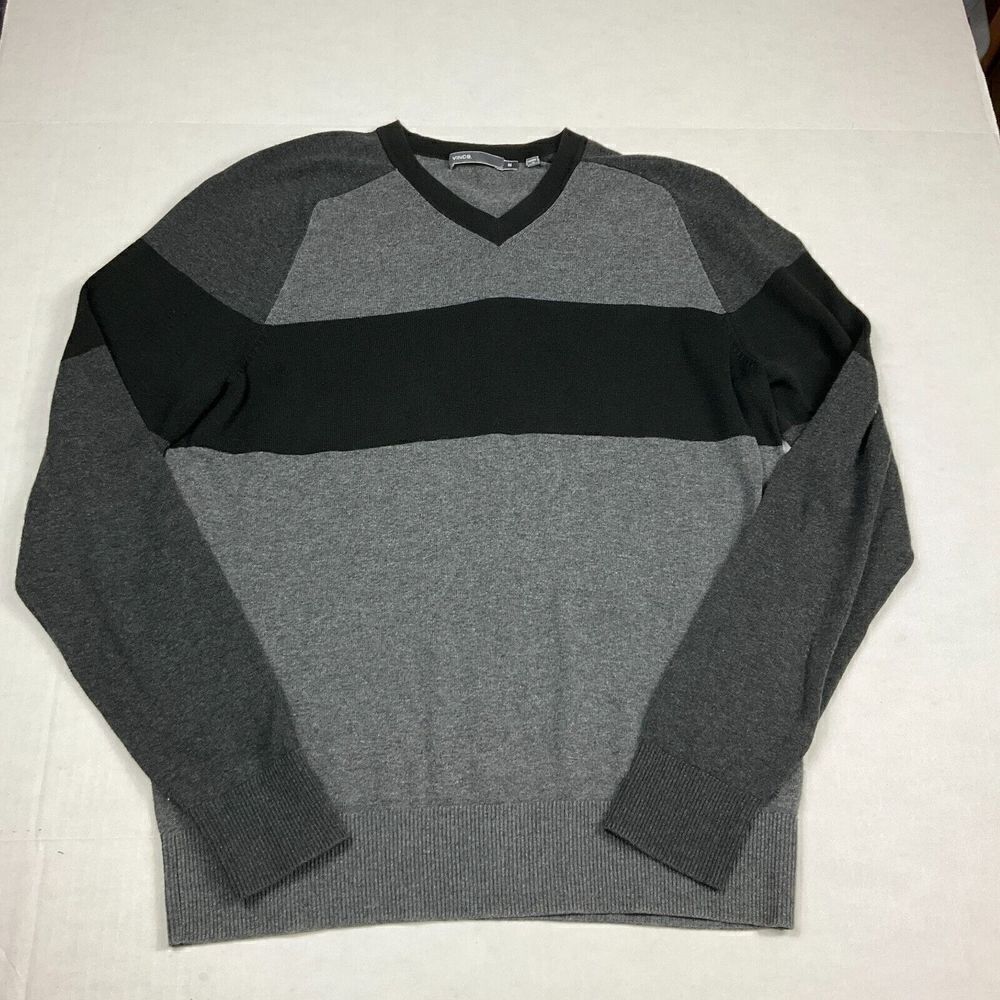 Vince Mens Cotton V-Neck Sweater Gray Long Sleeve Work Casual Pullover Medium